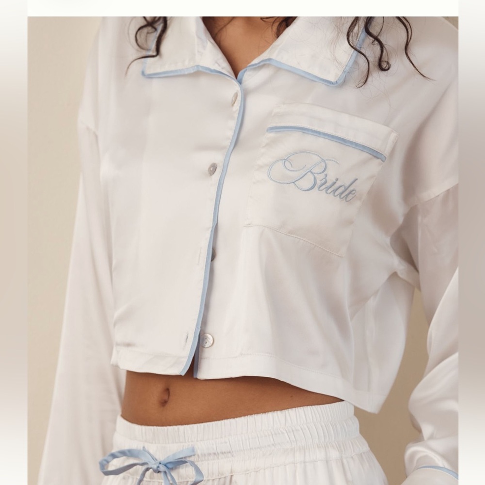 White Bride Crop Silk Pajamas - Picture 3 of 5